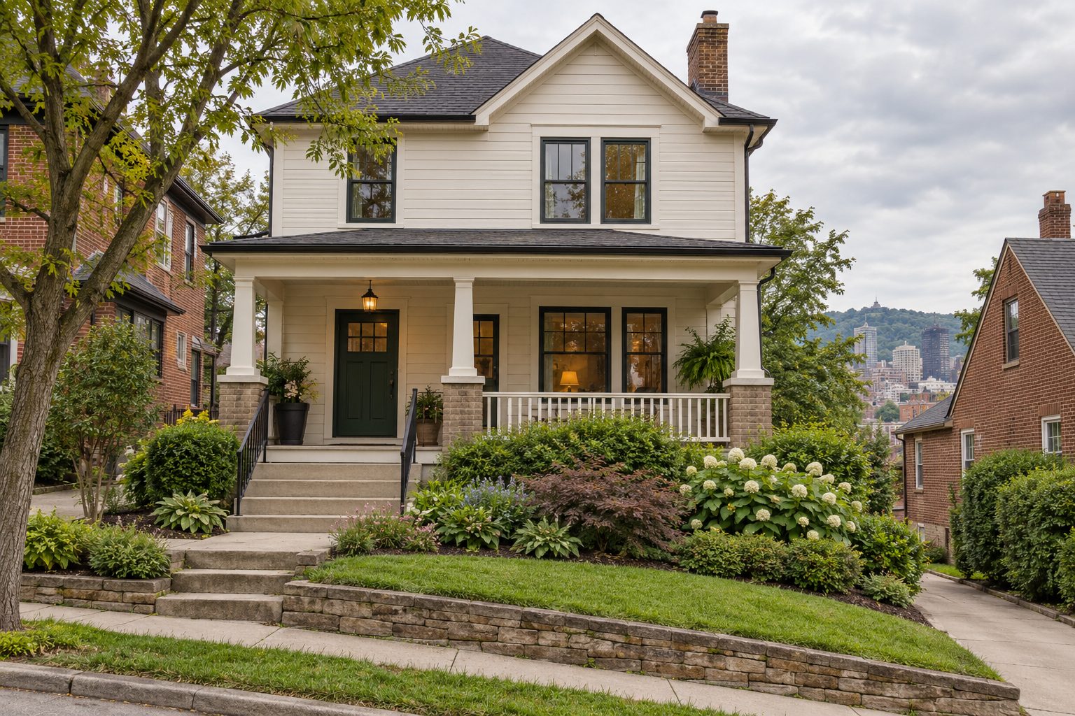 Renovated residential home framed by mature trees